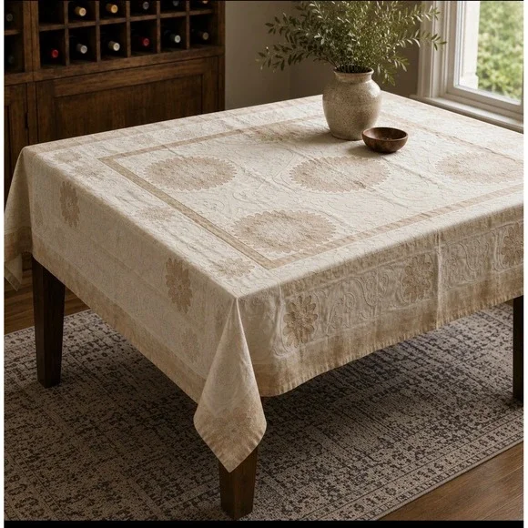 Pottery Barn Dune Suzani Embroidered Table Throw Square 50x50 Cream Tan 5481803