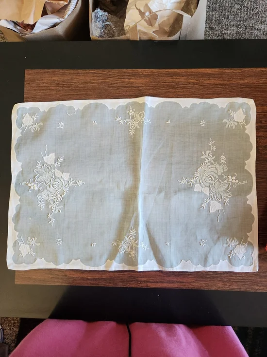 Teal Green Embroidered Floral Linen Placemats & Napkins, Set Of 8
