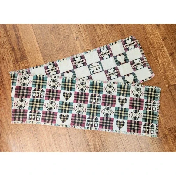 Cabin Chic Rustic Tapestry Table Runner Plaid Hearts Houses 70