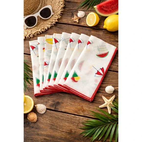 Vintage Summer Beach‎ Napkins Set of 8 Red Trim Watermelon Sailboat NOS 17x17