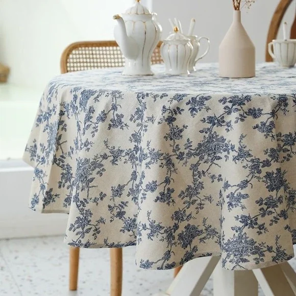 Blue Floral Toile Round Tablecloth Linen Blend French Country Farmhouse Decor
