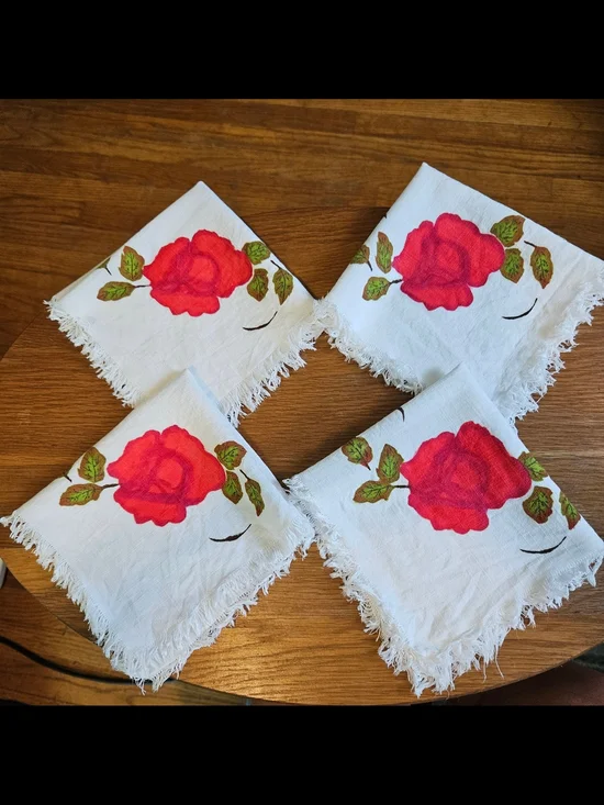 White Cloth Napkins with Red Rose Print - Set of 4