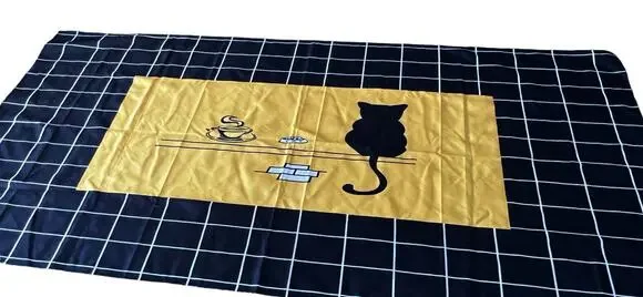 Vintage Gold Black Cat Heavy Fabric Tablecloth 118