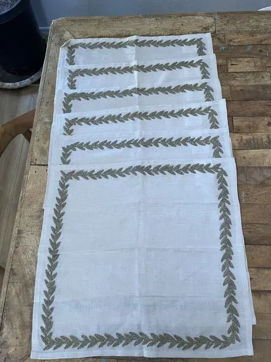 Allen + Roth Embroidered Linen Napkins Set of 6 Beige with Gold Leaves