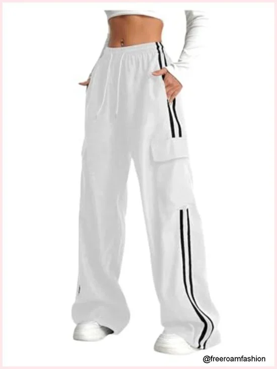 Cargo Pants Baggy Wide Leg Drawstring Waist Striped Track Pants with Pockets