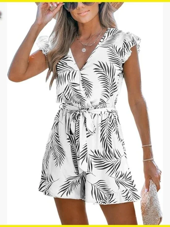 Boho Romper Tropical Flutter Sleeve V Neck Wide Leg Casual Beach Outfit