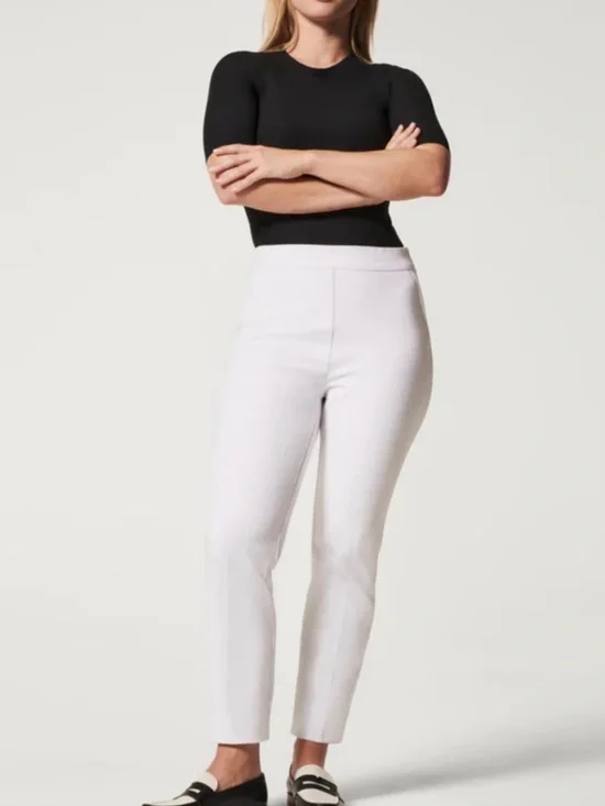 Spanx Slim Straight Leg Cotton Pants in White w/ Silver Lining Size Medium