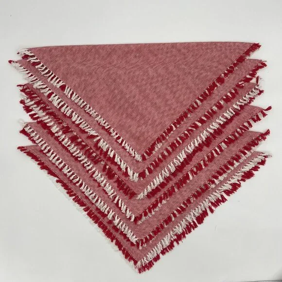 6 Cloth Napkins Fringe Herringbone Pattern‎ Red White Picnic Christmas Holiday