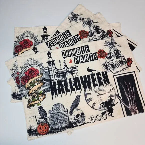 Halloween Theme Place Mats 4 Pack Roses Crows Skulls Spooky Zombie Party 18x12