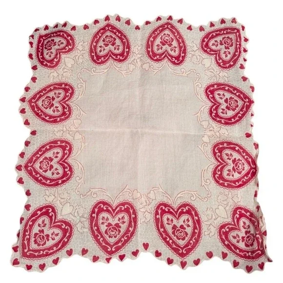Vintage Heart Rose Scalloped Table Topper Red White Square Napkin 12.5in