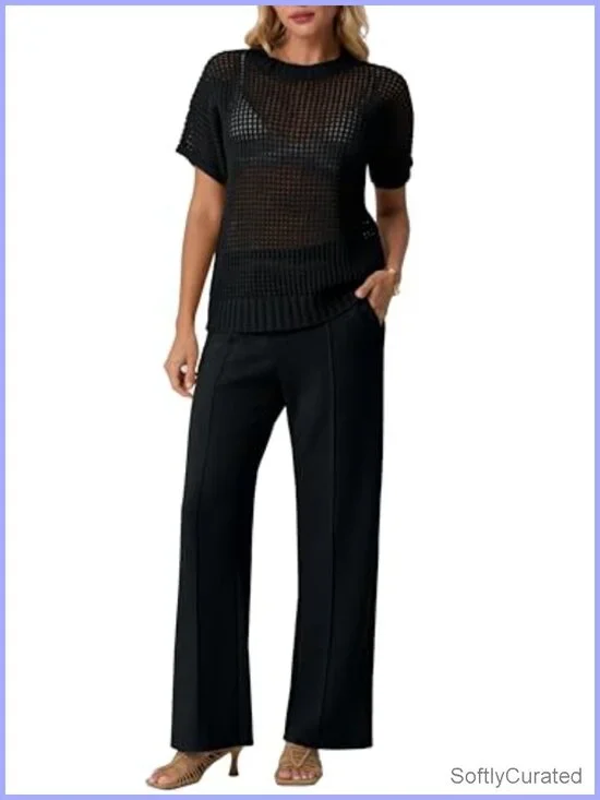 Crochet Sheer Knit Sweater Top & Wide Leg Pants Lounge Travel 2 Piece Set