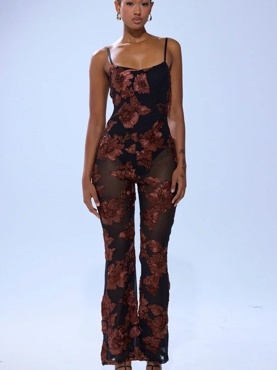 AKIRA Black Sheer Jumpsuit with Brown Floral Appliqué
