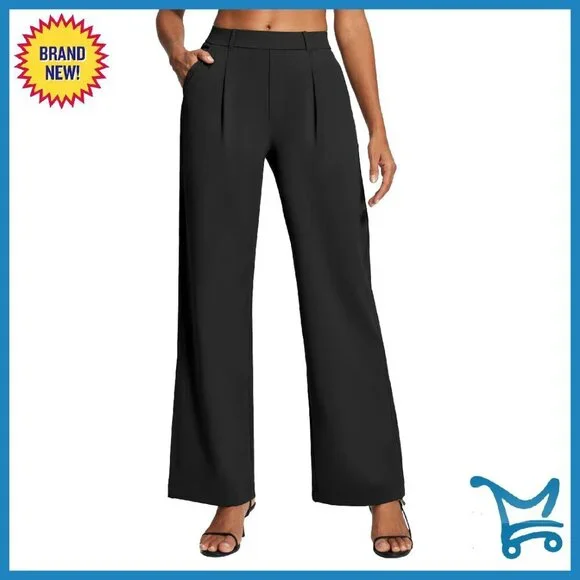 Wide Leg Stretch Work Pants High Waist Pull On Business Trousers