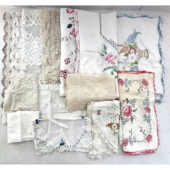Vintage Linen Cutter Lot Dresser Scarves Runners Cottagecore Embroidered Crochet