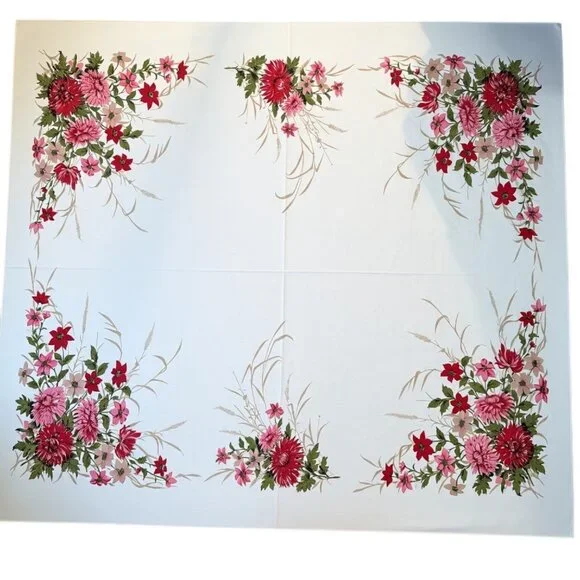 Vintage Floral Tablecloth MCM Red Pink Chrysanthemum Print Mum Flower‎ 51 x 60”