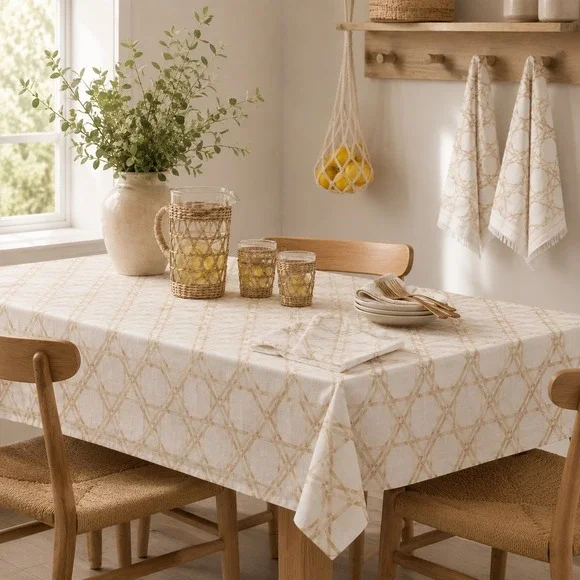 Threshold Khaki Lattice Tablecloth 60x84 and 2pk Kitchen Towels Set Cotton NEW