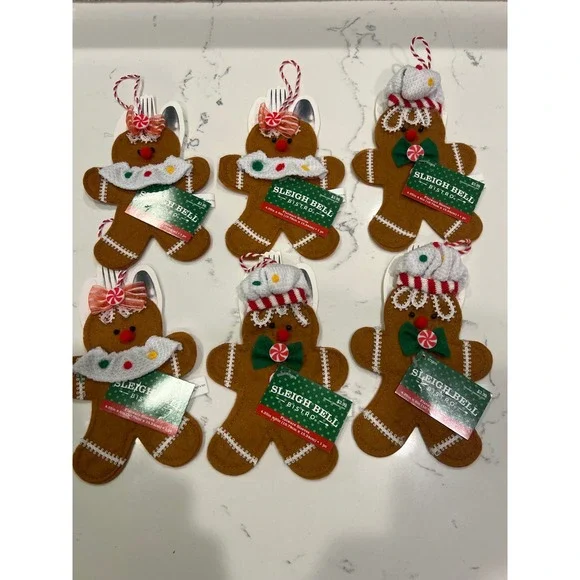 Set of 6 Sleigh Bell Bistro Gingerbread Flatware Sleeves Christmas Ornaments NEW