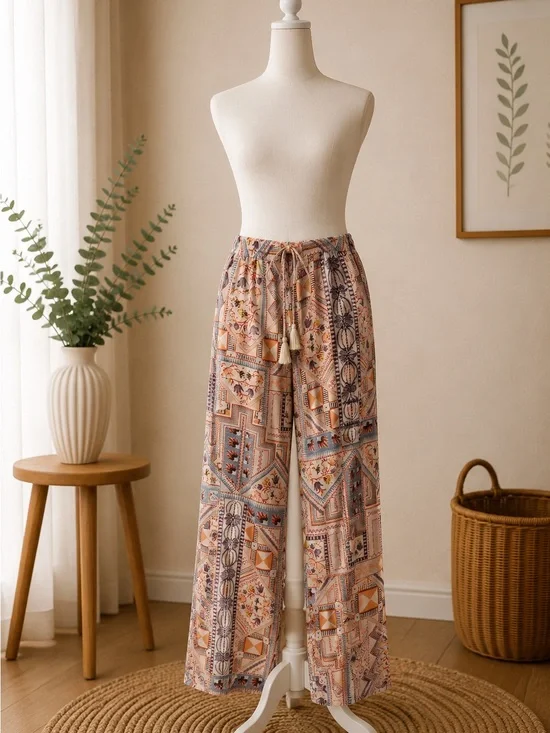 Johnny Was Jade NWOT Silk Wide Leg Pants XL Boho Resort Tassel Drawstring