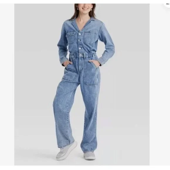 NEW Women's 12 Long Sleeve Utility Baggy Denim Jumpsuit - Universal Thread M0046
