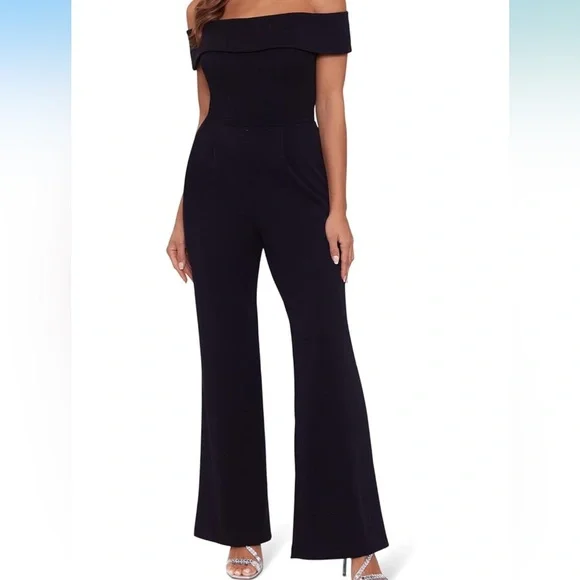 🆕 Xscape Over-The-Shoulder Scuba Crepe Jumpsuit Black Sz 8 NWT