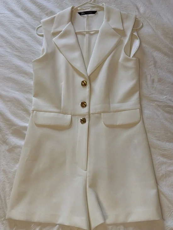 Zara Cream Sleeveless Blazer Romper with Gold Buttons