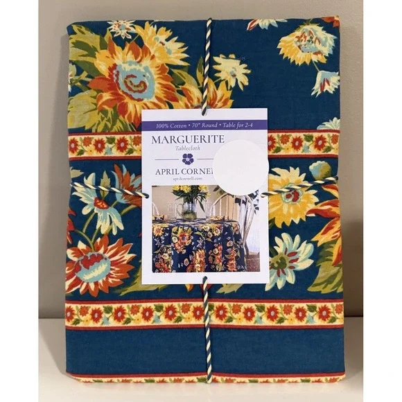April Cornell Marguerite Floral Tablecloth 70 round Colorful Navy Yellow Cottage