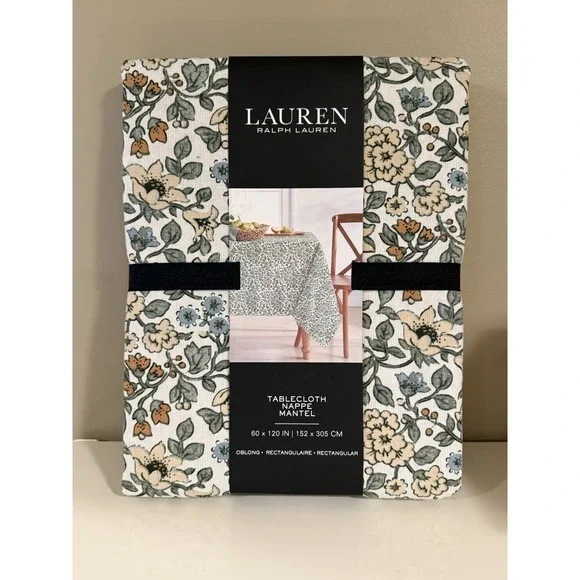 LAUREN RALPH LAUREN TABLECLOTH CREAM YELLOW RUST GREEN 100% COTTON 60 x 120 NIP