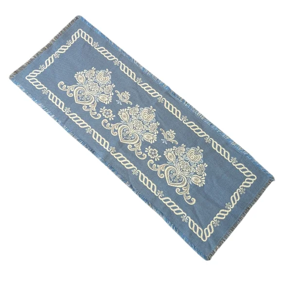 VTG Victorian Reversible Blue Beige Floral Damask Woven Table Runner W Fringe