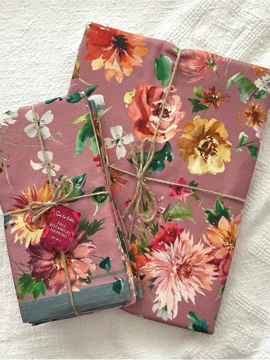 NEW Sur La Table Fall Botanical Table Runner & Napkin Set 100% Cotton