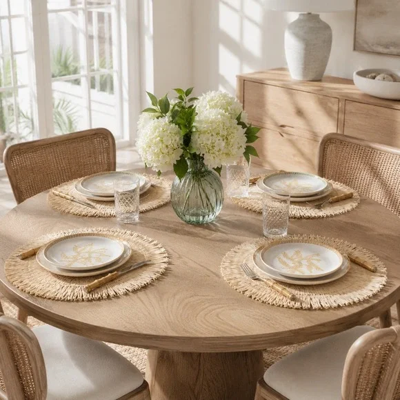 Threshold Woven Round Fringe Placemat Set of 4 Natural Beige 15in Boho Rustic