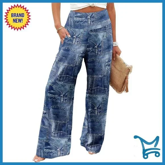 High Waist Wide Leg Lounge Pants with Pockets - Polyester Spandex