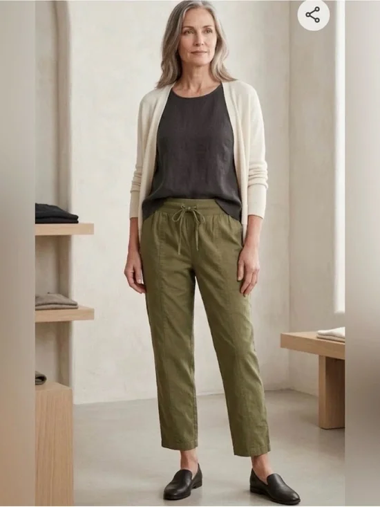 Eileen Fisher Organic Cotton Poplin Stretch Ankle Pants Green Drawstring Small