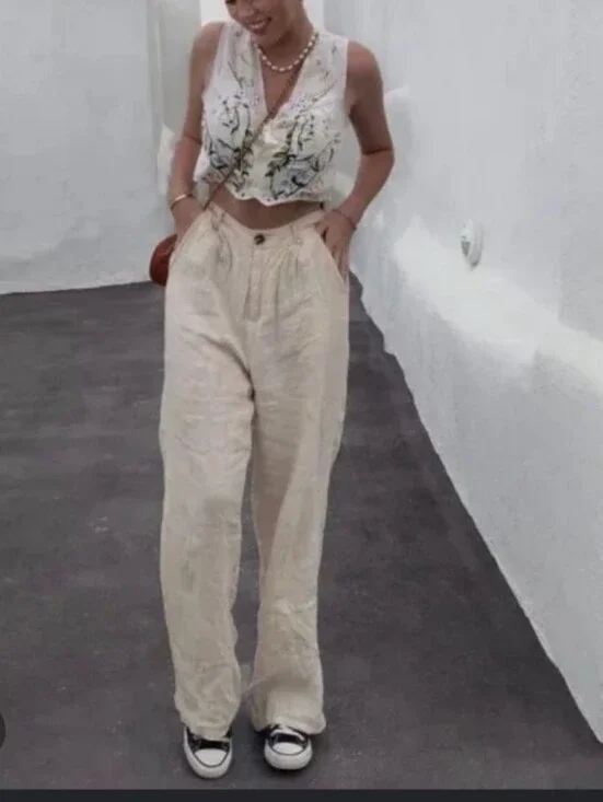 Vrg Grl Keeping Cool Linen Pleated Wide Leg Pants Au10 Us6