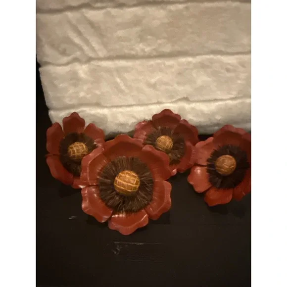 Vintage Burnt Orange Metal Flower Napkin Rings Set of 4 Autumn Floral Decor