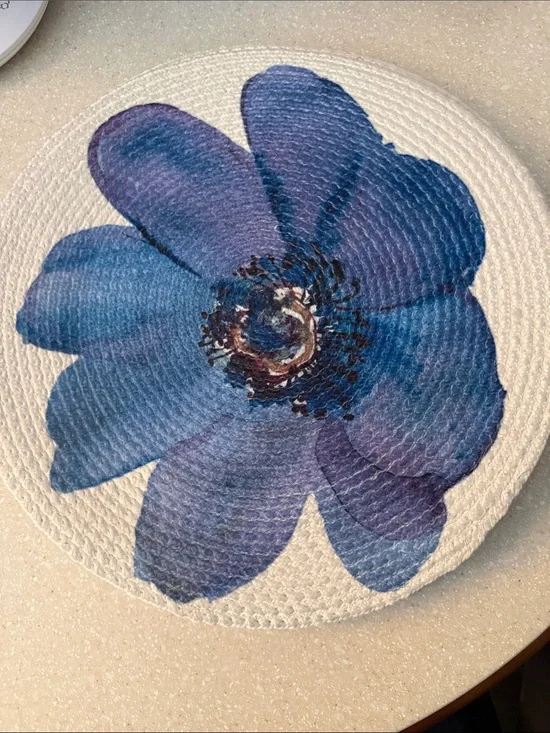 6 Round Placemat with Large Blue Floral Print elegant fun decor