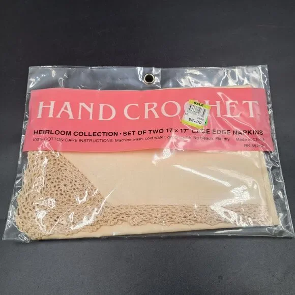 NEW (2) Hand Crochet Lace Edge Cloth Napkins Heirloom Collection Beige 17x17