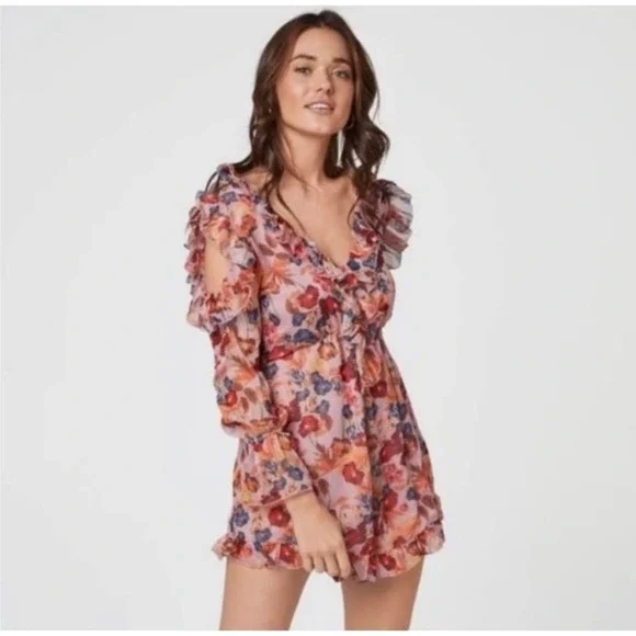 Aqua Ruffled Floral Print Pink Romper Small‎ NWT