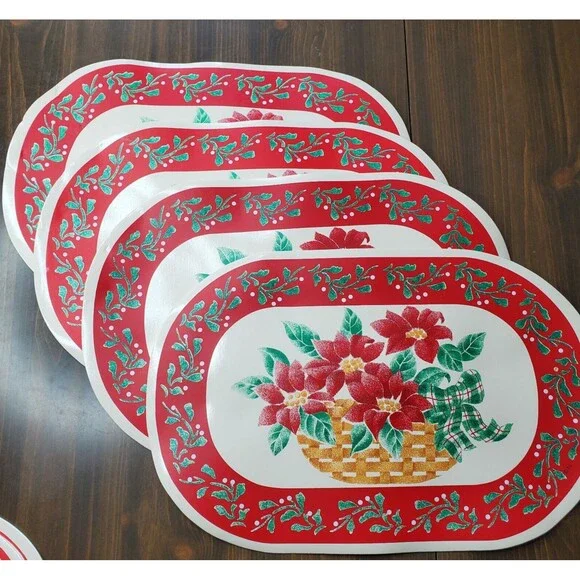 Vintage Christmas Placemats 4 Red White Vinyl Foam Padded Poinsettias 18x11.5