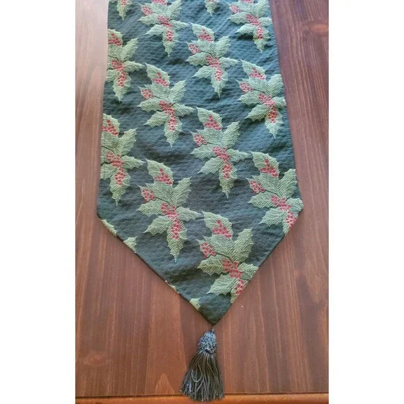 Table Runner Holly Tapestry Green Red Tassles 12