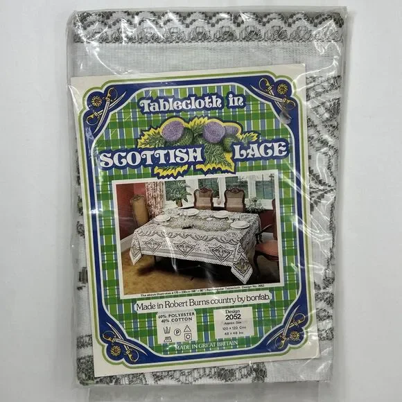 Vtg Bonfab Scottish Lace Tablecloth Floral Thistle Square 48 X 48” Cottagecore