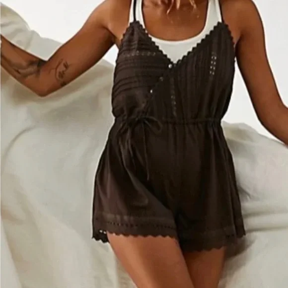 Free People Brown Eyelet Lace-Trim Sleeveless Romper
