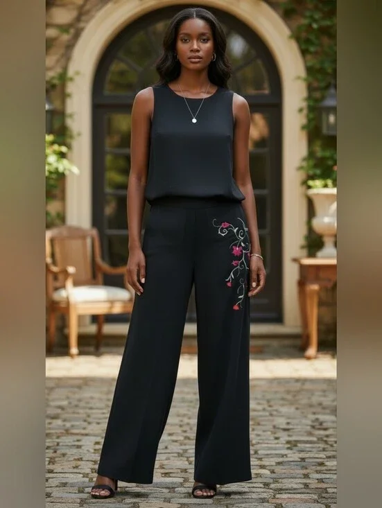 Periwinkle by Barlow Vintage Black Floral Embroidered 2pc Pant Set Size 16
