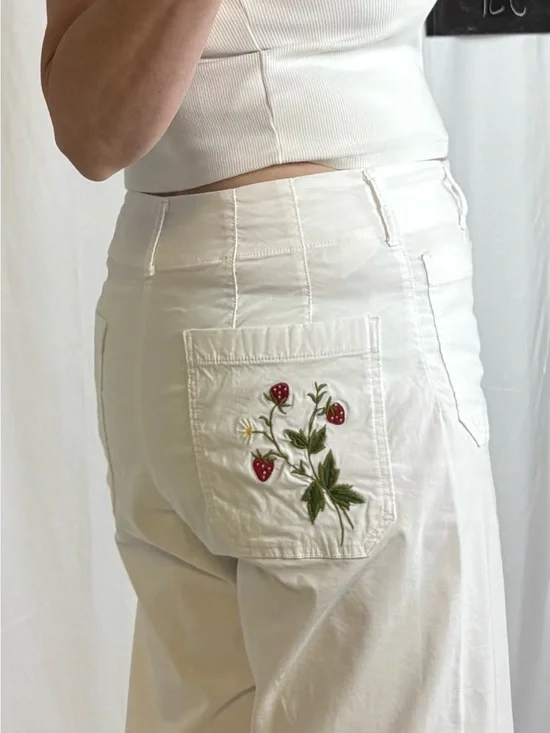 Maeve White Pants with Strawberry Embroidery Detail
