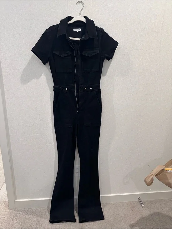 Good American Black Short-Sleeve Denim Jumpsuit