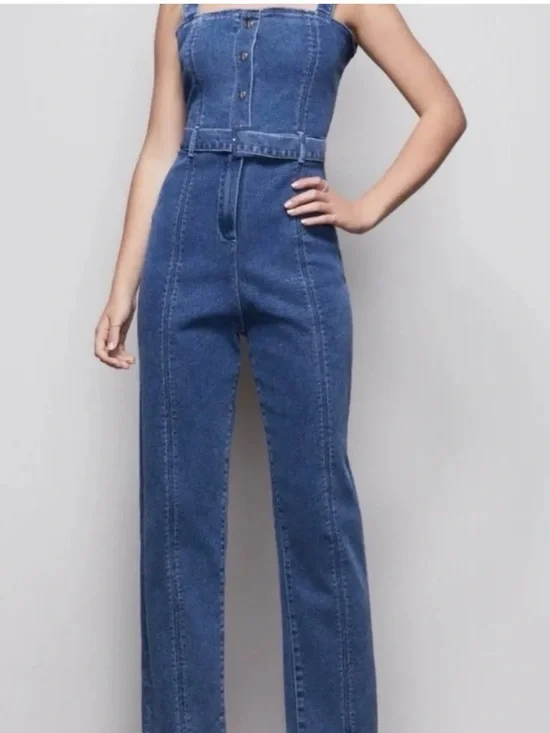 Good American Fitted Corset Jumpsuit GJSB941 Blue Denim Belted Size 1