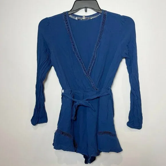 Lovers + Friends Womens Boho Long Sleeve Romper Cutout Blue‎ M V-Neck Tie Waist