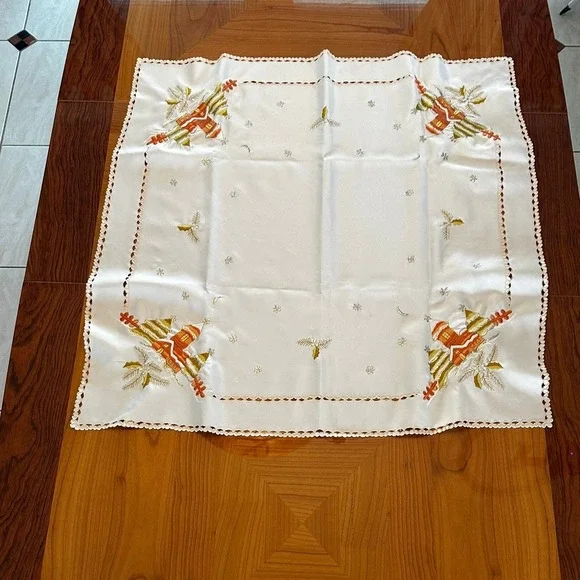 Vintage Christmas Square Tablecloth Embroidered Snowy Cottage Lace Trim 34x34