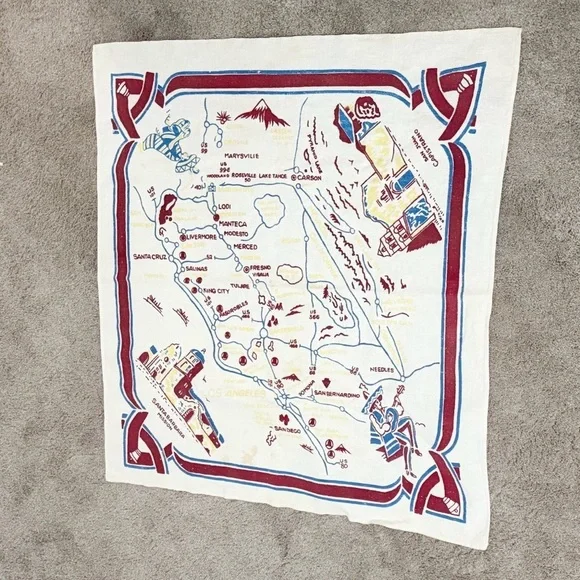 Vtg 1930s MCM Souvenir CALIFORNIA Tablecloth Partial State Cartoon Map Kitsch