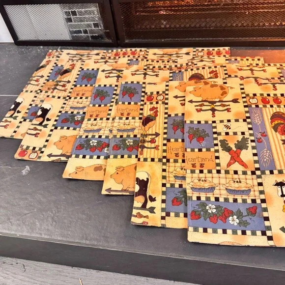 HANDCRAFTED Farmhouse Reversible Placemats Set of 4 Rooster Cow Country‎ Kitchen