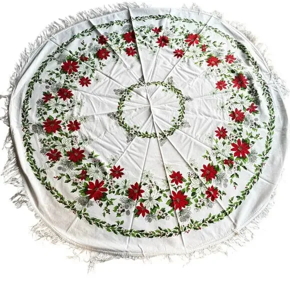 Vintage Christmas tablecloth printed cotton round soft fringe red green festive